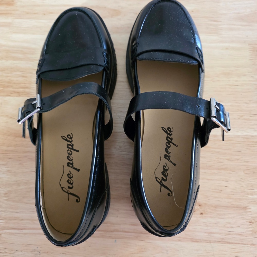 Free People Black Leather Mary Jane Penny Loafers Crepe Sole Buckle Strap 6.5-7